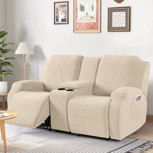 VANSOFY Stretch Reclining Sofa Cover for 2 Seat Jacquard Couch with Middle Console (Cream)