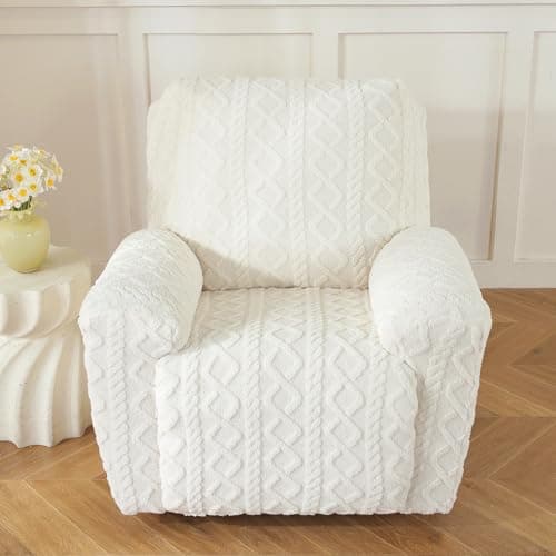 Cream 4-Piece Geometric Jacquard Plush Recliner Slipcovers for Couch (Kids, Cats, Dogs)