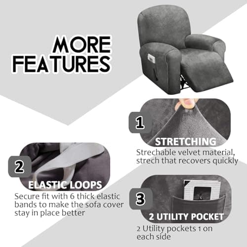 ULTICOR 4-Piece Velvet Recliner Cover, Dark Grey