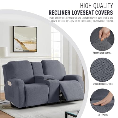 KinCam Loveseat Recliner Slipcover with Middle Console, 2 Seat Couch Protector (Dark Gray)