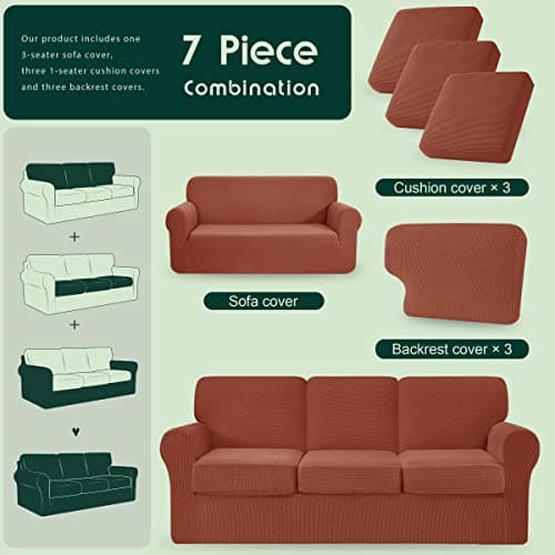 CHUN YI 7 Piece Stretch Couch Cover, 3 Seater with Elastic Backrests and Cushions(Large, Brick)