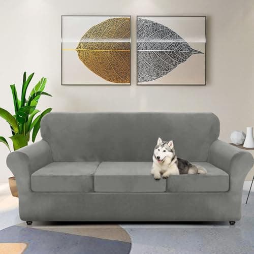 ZNSAYOTX Luxury Velvet Couch Cover, Grey, 72"-92" Stretch Sofa Protector