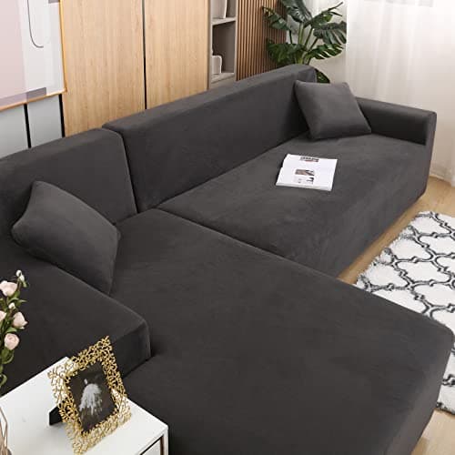Dark Grey Stretch Velvet L-Shaped Sectional Sofa Slipcover (2Pcs)