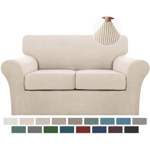 Turquoize 3-Piece Sofa Covers for 2-Cushion Couch, Washable Biscotti Beige Jacquard Slipcovers