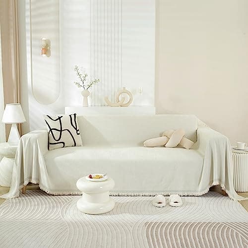 DREAMINGO Thickened Chenille Couch Cover, X-Large Brown, Multi-Use Dog and Cat Protector — A4# Cream White