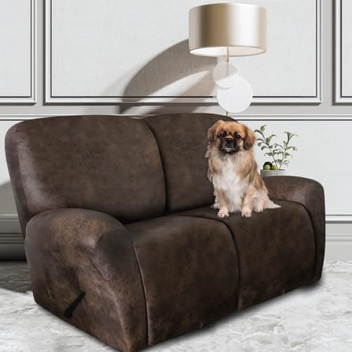 Brown Leather Look Loveseat Recliner Cover Set 6-Piece Washable Spandex Protector