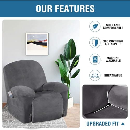 H.VERSAILTEX Velvet Recliner Chair Cover, Thick Soft and Anti-Slip (Grey)