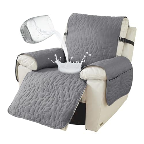 100% Waterproof Recliner Chair Covers, Non-Slip & Pockets for Kids & Pets, Khaki, 23IN — Light Gray
