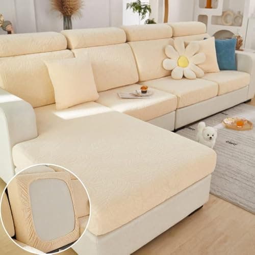 Jonuiony Wear-Resistant L-Shape Sectional Couch Slipcover (Dark Grey, Large) — Leaves Beige
