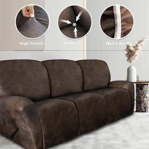 Leather Look 3-Seater Recliner Couch Cover, Brown, Spandex Fabric