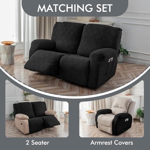 100% Waterproof Stretch Recliner Loveseat Cover, Washable Furniture Protector (Black, 2 Seater)