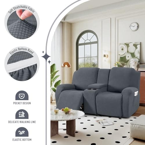 TAOCOCO Stretch Reclining Loveseat Cover, Grey Jacquard Pattern