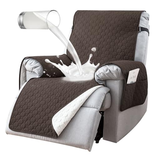 100% Waterproof Non-Slip Recliner Cover with 5 Pockets, Gray Blue — Brown