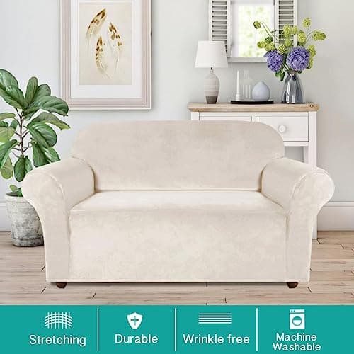 Ivory Turquoise Loveseat Covers for Velvet Couch with Elastic Bottom