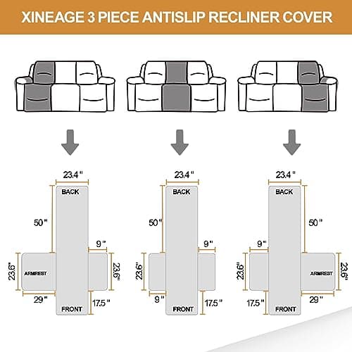 XINEAGE Coffee-colored Water Resistant 3 Seat Recliner Cover with Pockets