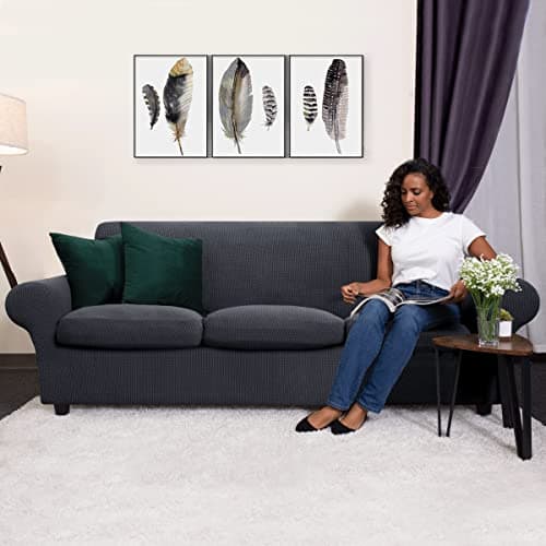 CHUN YI Stretch Sofa Cover, 3 Seat, Grey Checks Spandexсалон coverage