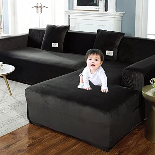 L Shape Stretch Sofa Slipcover for 3 Cushion Couch (Green, 3+3 Seat) — Black