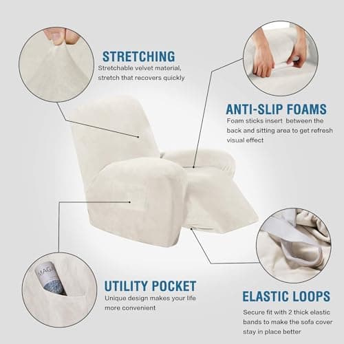 H.VERSAILTEX Ivory Velvet Recliner Chair Cover Washable Protection