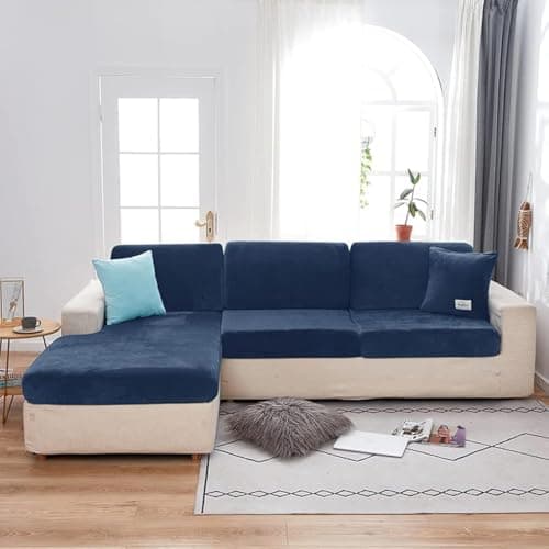 Wear-Resistant Stretch Velvet L-Shaped Sofa Cover for Left/Right Sectionals (Camel, Single Seat) — Navy Blue