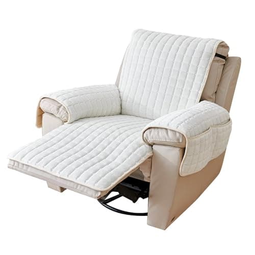 Washable Large Taupe Quilted Slipcover for Recliner and Furniture with Side Pocket — White