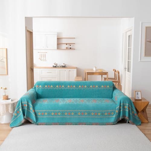 DREAMINGO Thickened Chenille Couch Cover, X-Large Brown, Multi-Use Dog and Cat Protector — A5# Boho Bluish Green