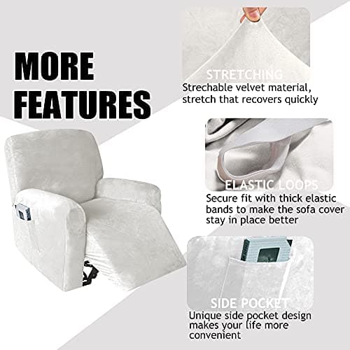 Off White Stretch Velvet Recliner Covers for Lazy Chair with Side Pocket