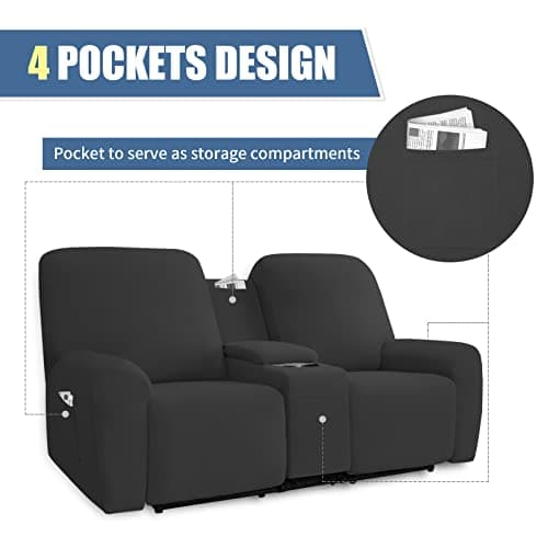 Dark Gray Stretch Recliner Loveseat Cover with Center Console Fleece Slipcover 2 Seats Washable