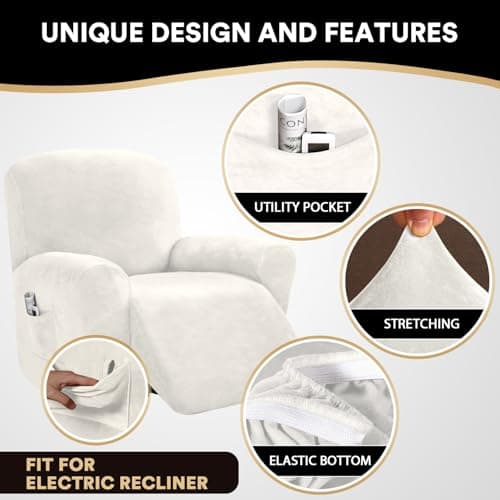 PrinceDeco Velvet Stretch Recliner Chair Cover, 4-Pieces, Ivory