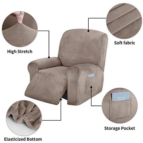 Taupe Velvet Recliner Chair Cover 4 Piece Stretch Slipcover