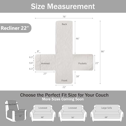 Water-Repellent White Recliner Slipcover, Stay-In-Place Pet-Friendly Washable Cover (22")