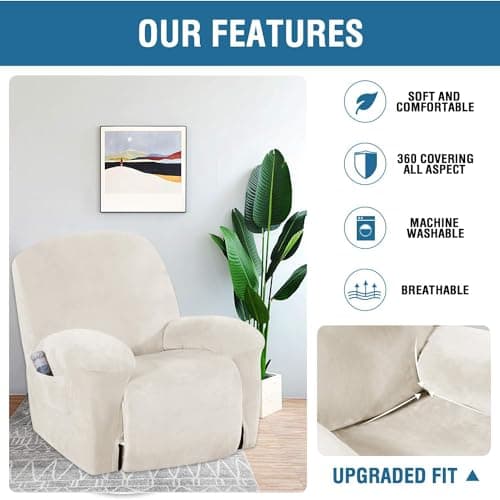 H.VERSAILTEX Ivory Velvet Recliner Chair Cover Washable Protection
