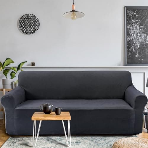 U-NICE HOME Velvet Sofa Covers for 3 Cushion Couch (Large, Dark Grey)
