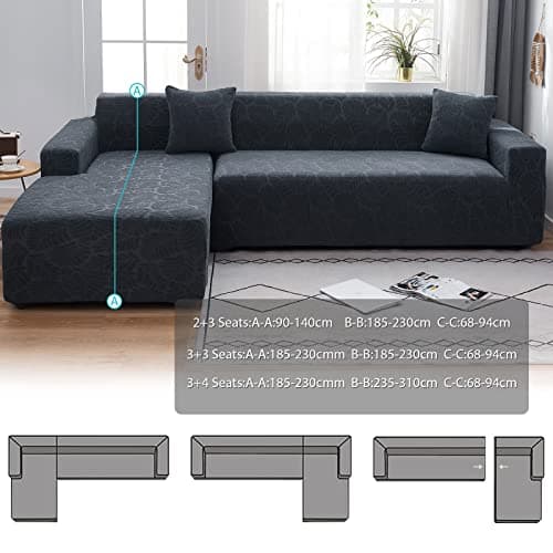 Wear-Resistant L-Shaped Couch Cover, Dark Gray B-Leaves, 2pcs + Pillowcases