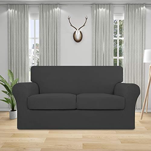 Pet and Kid-Friendly Couch Cover, Stretch Loveseat with 2 Cushion Covers, Dark Gray Spandex Fabric