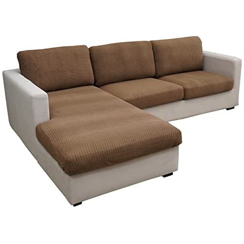Eismodra Dark Gray Magic Stretch Couch Cover, 65-78 inches, L-Shaped Sofa Protector — Light Brown