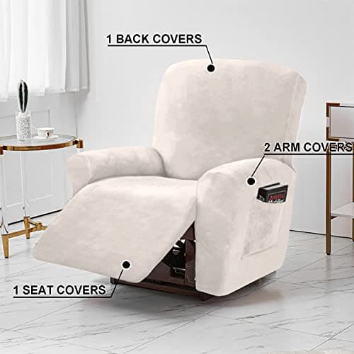 Off White Stretch Velvet Recliner Covers for Lazy Chair with Side Pocket