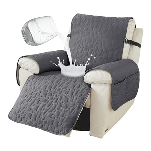 100% Waterproof Recliner Chair Covers, Non-Slip & Pockets for Kids & Pets, Khaki, 23IN — Dark Gray