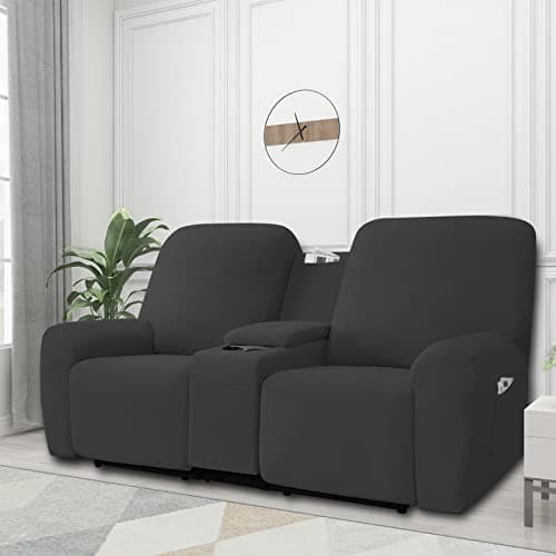 Dark Gray Stretch Recliner Loveseat Cover with Center Console Fleece Slipcover 2 Seats Washable