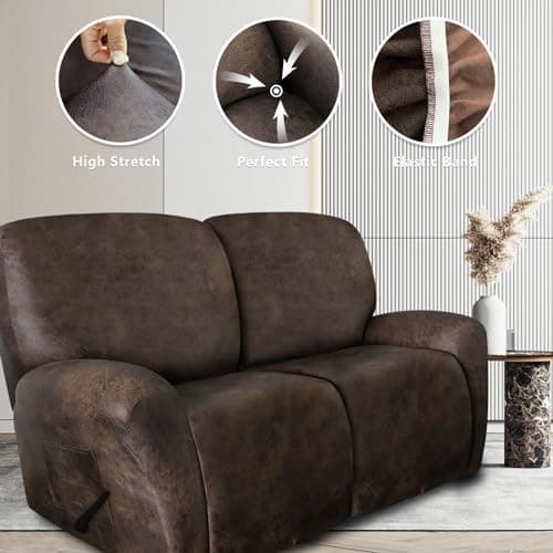 Brown Leather Look Loveseat Recliner Cover Set 6-Piece Washable Spandex Protector