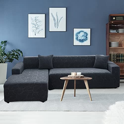 Wear-Resistant L-Shaped Couch Cover, Dark Gray B-Leaves, 2pcs + Pillowcases