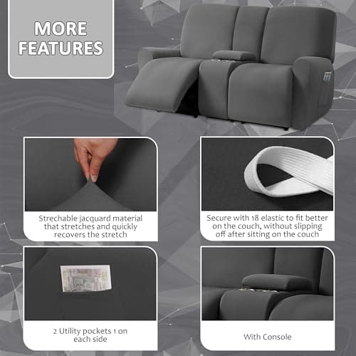 ULTICOR Dark Grey Jacquard Reclining Loveseat Slipcover, 8-Piece Stretch Cover Set