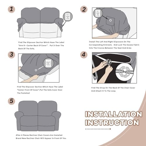 KEKUOU Stretch Recliner Loveseat Covers, 4 Pieces, Chocolate