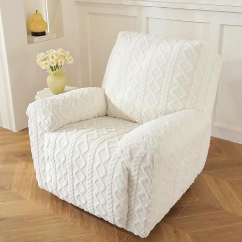Cream 4-Piece Geometric Jacquard Plush Recliner Slipcovers for Couch (Kids, Cats, Dogs)