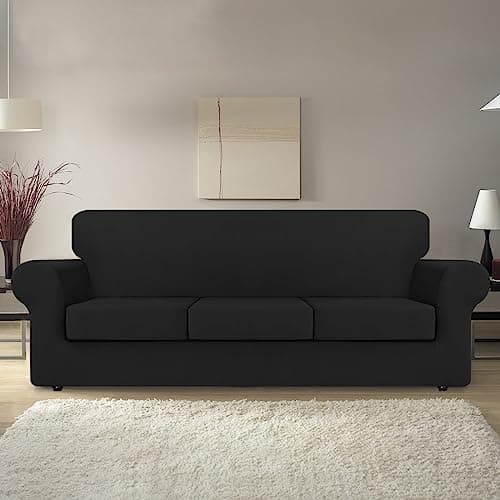 KEKUOU 4-Piece Stretch Sofa Covers for 3 Cushion Couch, Pet-Friendly and Washable (Sofa, Black)