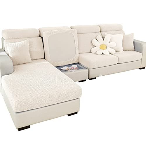 2025 Wear-Resistant Stretch L-Shaped Chaise Lounger Sofa Covers (Weave Grey) — Weave White