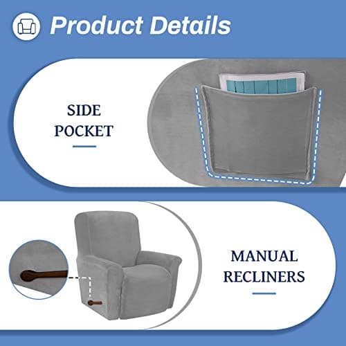 Silver Grey Velvet High Stretch Recliner Chair Cover, Washable Protector with Non-Slip Bottom