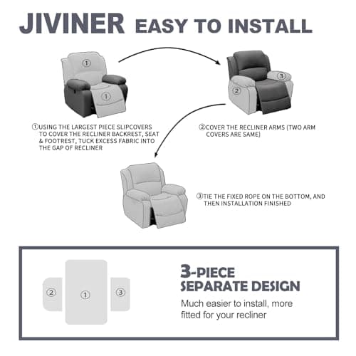 JIVINER Dark Gray Recliner Chair Covers, 3 Pieces Stay in PlaceStretch Cover for Washing Recliner Seat with Pockets