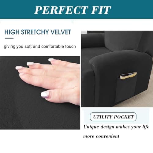 HFCNMY Stretch Velvet Recliner Cover, 4 Pieces, Thick, Elastic Bottom, Black