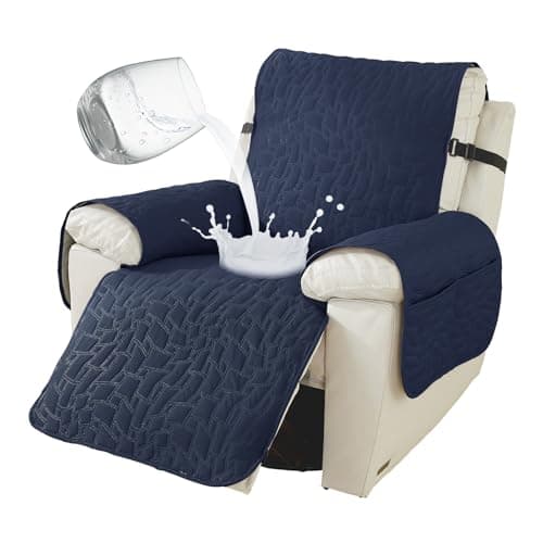 100% Waterproof Recliner Chair Covers, Non-Slip & Pockets for Kids & Pets, Khaki, 23IN — Dark Blue