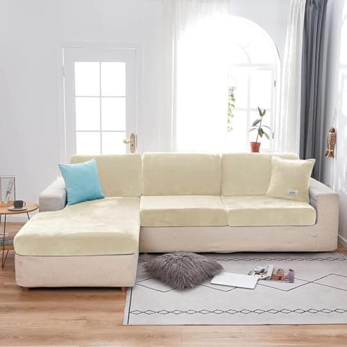 Wear-Resistant Stretch Velvet L-Shaped Sofa Cover for Left/Right Sectionals (Camel, Single Seat) — Beige